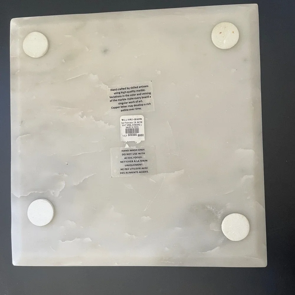 Williams Sonoma White Marble Board Monogram J Brass Serving Cheese Desserts